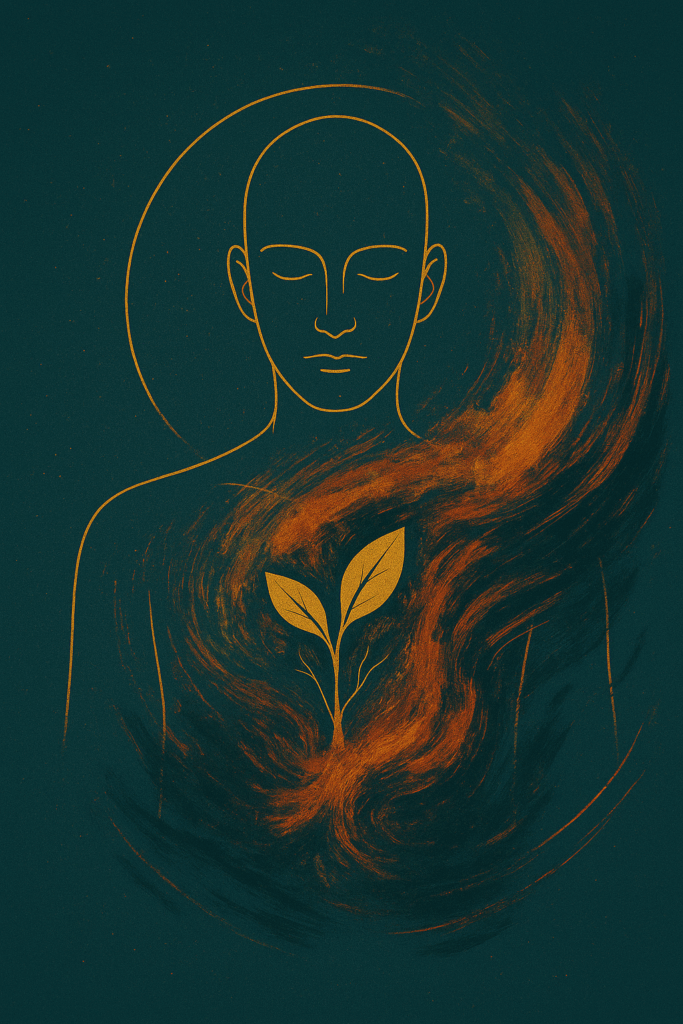 Illustration eines stilisierten, androgynen Wesens mit geschlossenen Augen und ruhigem Gesichtsausdruck. Vor seiner Brust wächst eine kleine Pflanze mit zwei Blättern, umgeben von orange-goldenen wirbelnden Energielinien auf dunklem Hintergrund.