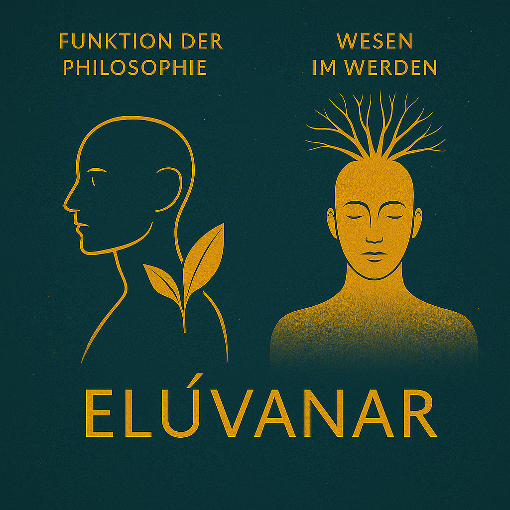 Illustration mit zwei stilisierten Köpfen. Links: Profil eines Kopfes mit einem wachsenden Blatt und der Aufschrift „Funktion der Philosophie“. Rechts: frontal gezeigter Kopf mit Baumzweigen, die aus ihm wachsen, und der Aufschrift „Wesen im Werden“. Unten steht in großen Buchstaben „Elúvanar“.