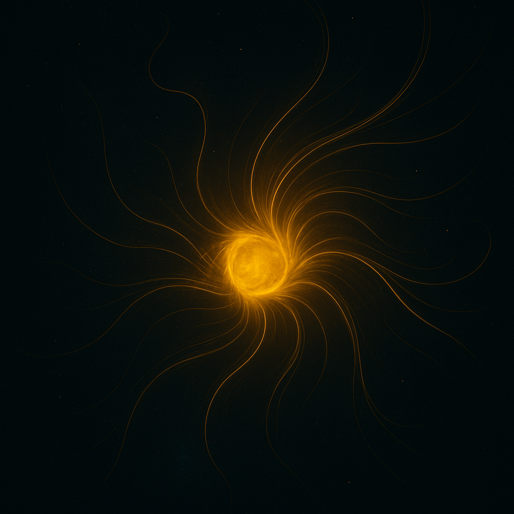 Abstrakte leuchtende goldene Spirale mit feinen strahlenartigen Linien, die sich von einem hellen Zentrum nach außen ausbreiten, auf dunklem Hintergrund.

