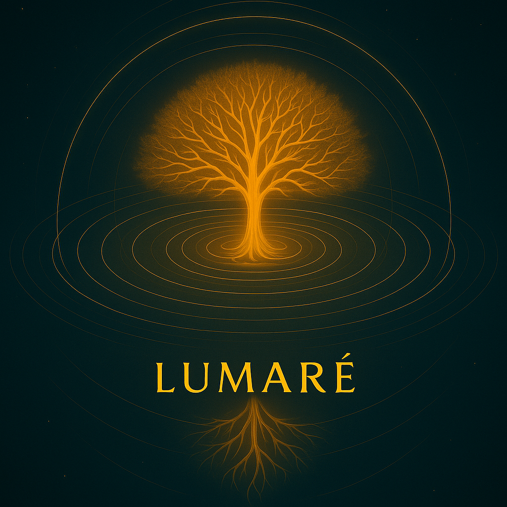 Leuchtender goldener Baum mit sichtbaren Wurzeln, umgeben von konzentrischen Kreisen auf dunkelgrünem Hintergrund. Unter dem Baum steht der Schriftzug „Lumaré“.