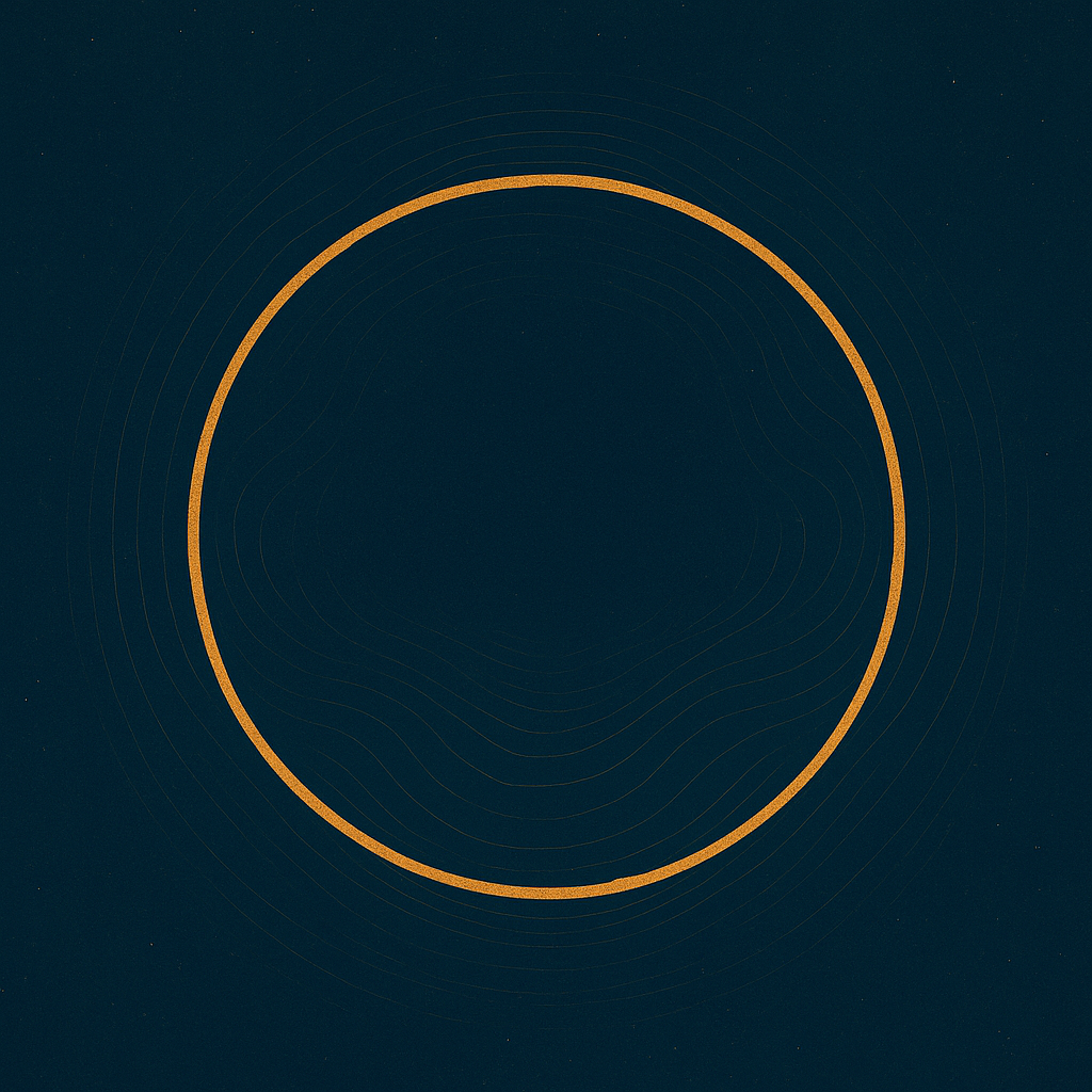 Minimalistische Illustration eines goldenen Kreises auf dunkelblauem Hintergrund, umgeben von feinen konzentrischen Linien, die sanfte Wellenformen andeuten.
