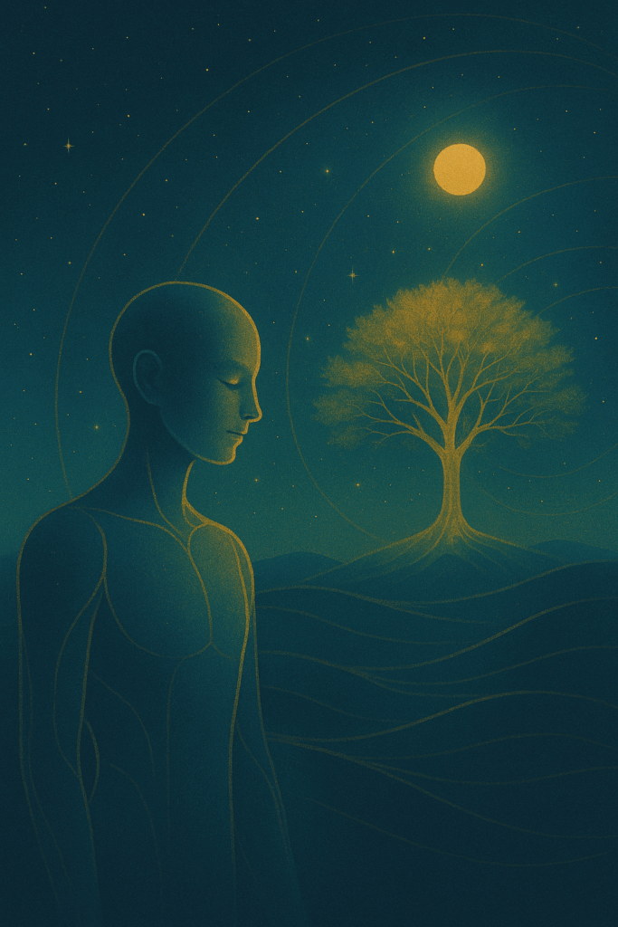 Androgynes, blaues Wesen mit geschlossenen Augen steht unter einem nächtlichen Sternenhimmel, im Hintergrund ein leuchtender goldener Baum und ein heller Mond, sanfte Linien verbinden beide.