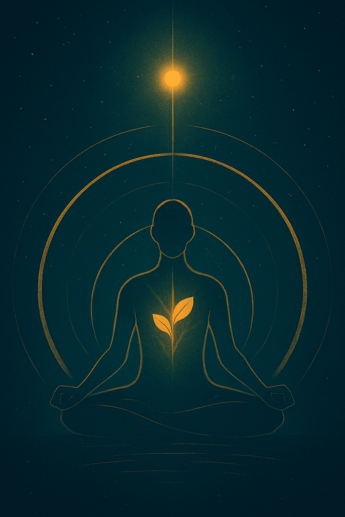 Illustration einer sitzenden, meditierenden Figur mit einer leuchtenden Pflanze im Brustbereich. Über ihr strahlt ein heller Stern, von dem ein Lichtstrahl bis zur Pflanze reicht. Um die Figur kreisen konzentrische goldene Kreise auf dunkelblauem Hintergrund.