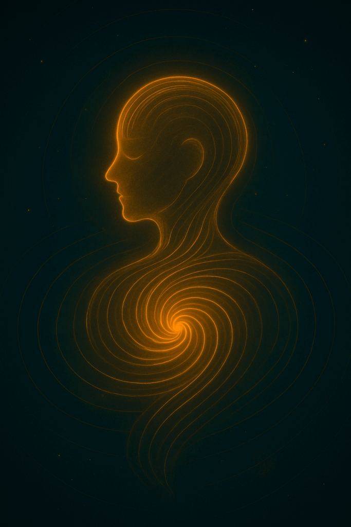 Leuchtende abstrakte Silhouette eines menschlichen Kopfes und Oberkörpers in Seitenansicht, gezeichnet in goldenen Linien auf dunklem Hintergrund. Die Linien fließen spiralförmig vom Brustbereich nach unten.
