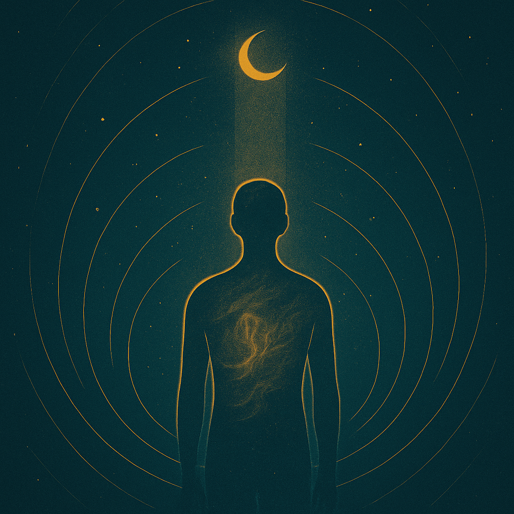 Illustration einer stilisierten menschlichen Silhouette, die auf einen leuchtenden Sichelmond über ihr blickt. Von der Mondsichel fällt ein Lichtstrahl auf den Kopf der Figur. Um die Figur sind konzentrische Kreise und Sterne auf dunkelblauem Hintergrund zu sehen.

