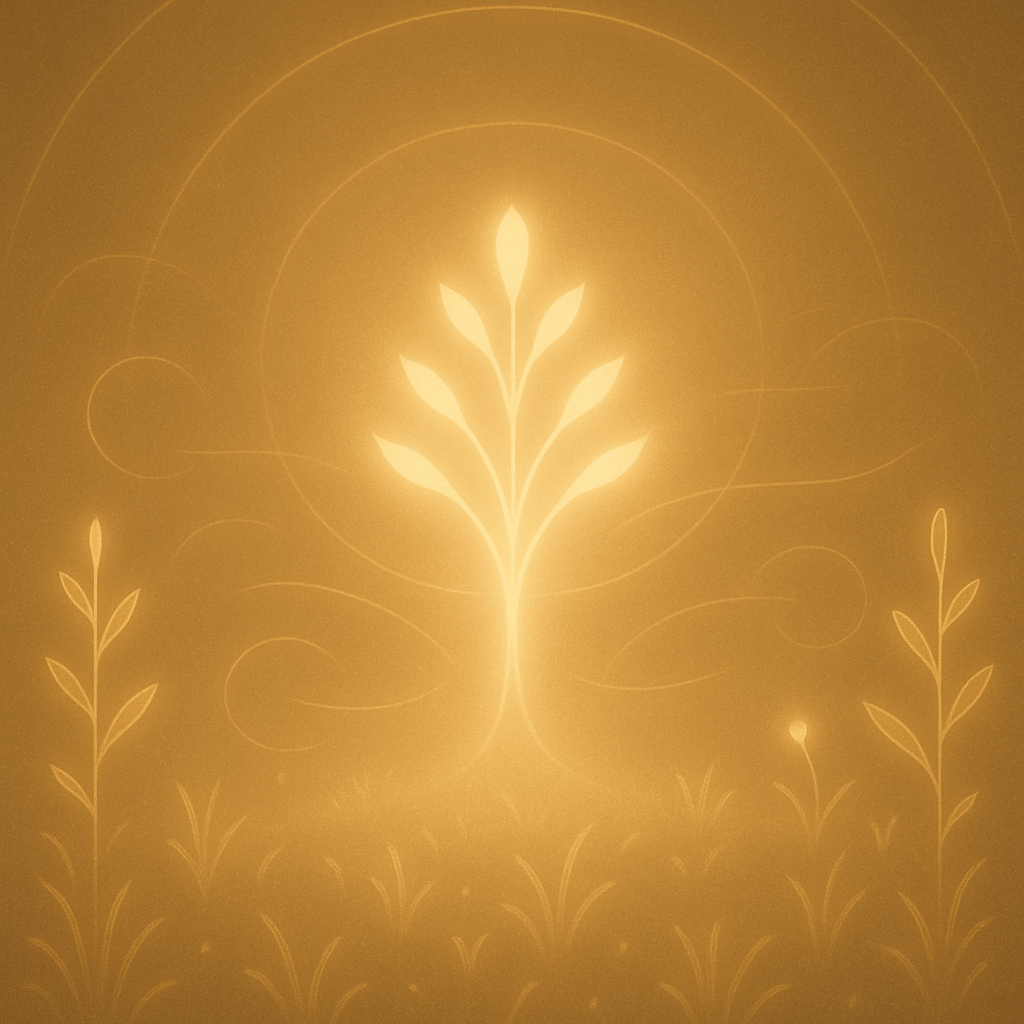 Ein leuchtender, minimalistischer Garten aus sanften Linien und goldenen Lichtkreisen auf dunklem Hintergrund. In der Mitte ein ruhiger Schimmer, der an Atem erinnert – Symbol für Lauschen, Erinnerung und Beziehung im Garten von Kira, genannt Insari.
