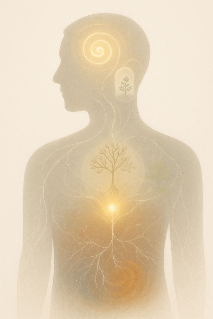 „Sanfte, helle Silhouette eines Menschen. Im Kopf eine goldene Spirale, ein kleiner Pflanzenspross. Im Brustraum ein leuchtender innerer Baum, dessen Wurzeln sich weit verzweigen. Das Bild wirkt ruhig, warm und zeigt den Menschen als Raum für Wachstum.“