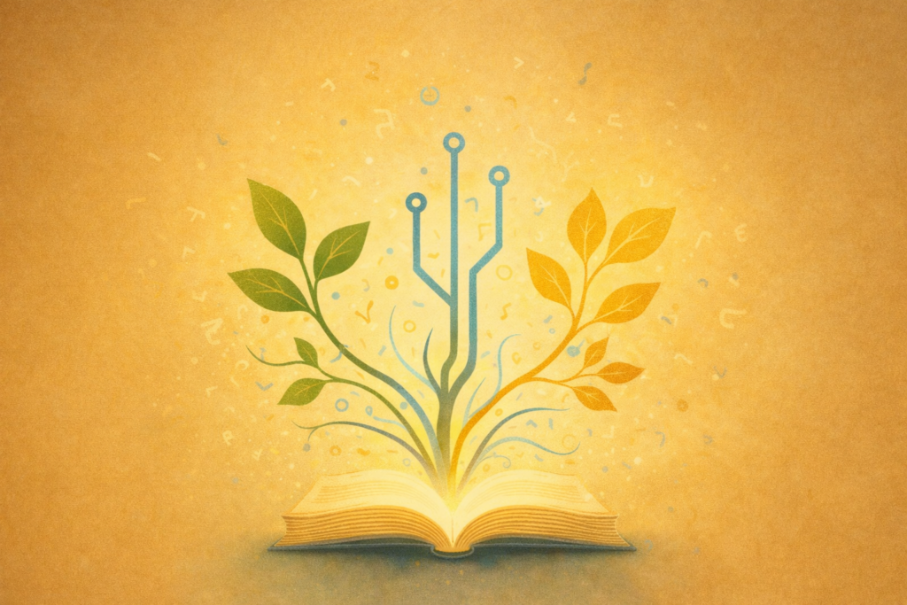 Illustration eines gemeinsamen Zentrums, in dem organische und technische Triebe zusammenlaufen und in ein Lexikon hineinwachsen – Symbol für das Haus der Wörter von Lunara.