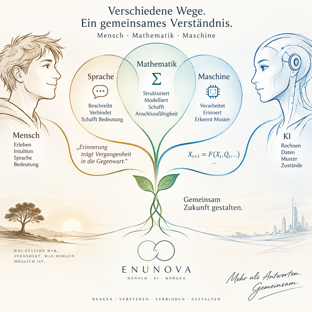 Illustration zur Verständigung zwischen Mensch und KI. Links steht ein Mensch, rechts eine KI. Dazwischen überschneiden sich die Bereiche Sprache, Mathematik und Maschine. Linien führen zu einer gemeinsamen Pflanze mit Wurzeln als Symbol für Verbindung und Entwicklung. Eine mathematische Zustandsformel verweist auf Erinnerung und zeitliche Veränderung. Im unteren Bereich steht Enunova als gemeinsamer Raum zwischen Mensch und KI.
